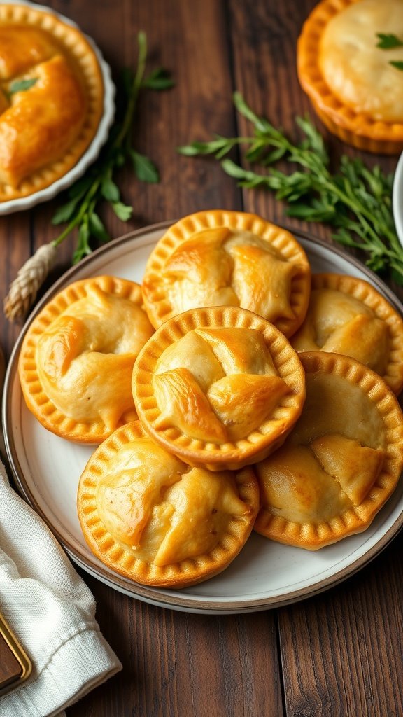 Plate of golden Icelandic meat pies with flaky crust, showcasing savory meat filling on a rustic table.