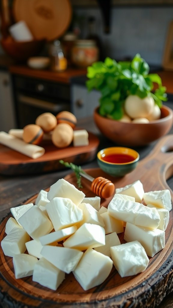 Fresh cheese curds on a wooden board with honey and herbs.